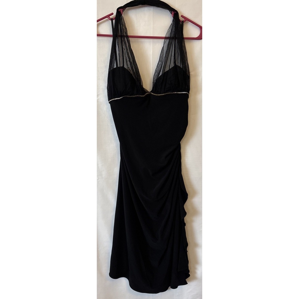 Y2K Black Blondie Nites Vtg Rhinestone Midi‎ Dress Gothic Formal Prom Halter 13